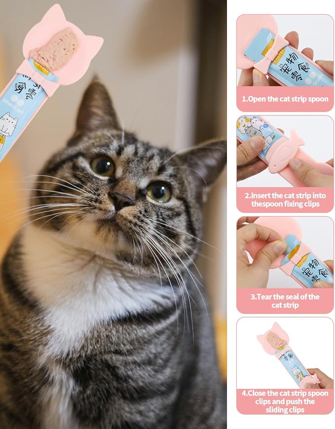 5 PCS Cat Food Can Covers Lids Set, Silicone Pet Food Can Lids with Multi-Function Cat Food Spoon and Opener, Cat Bar Squeezer, Stainless Steel Wet Food Spoon for Cats and Dogs (Pink) (Pink)