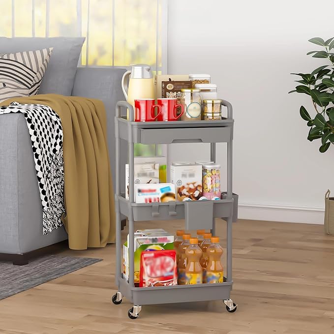 3 Tier Rolling Utility Cart with Drawer, Plastic Storage Organizer Rolling Carts with Wheels Handles Hanging Cups Hooks for Office, Bathroom, Kitchen,Craft Art Room (Grey)