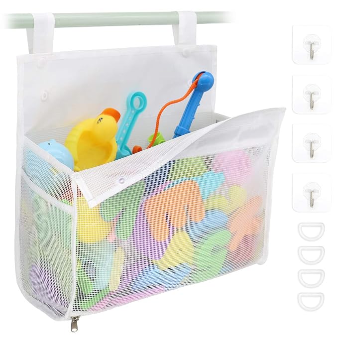 Muchfun Bath Toy Organizer Multiple Ways to Hang | Extra Large Opening Bathroom Toy Holder, Bottom Zipper Bathtub Toy Storage Bag (White)