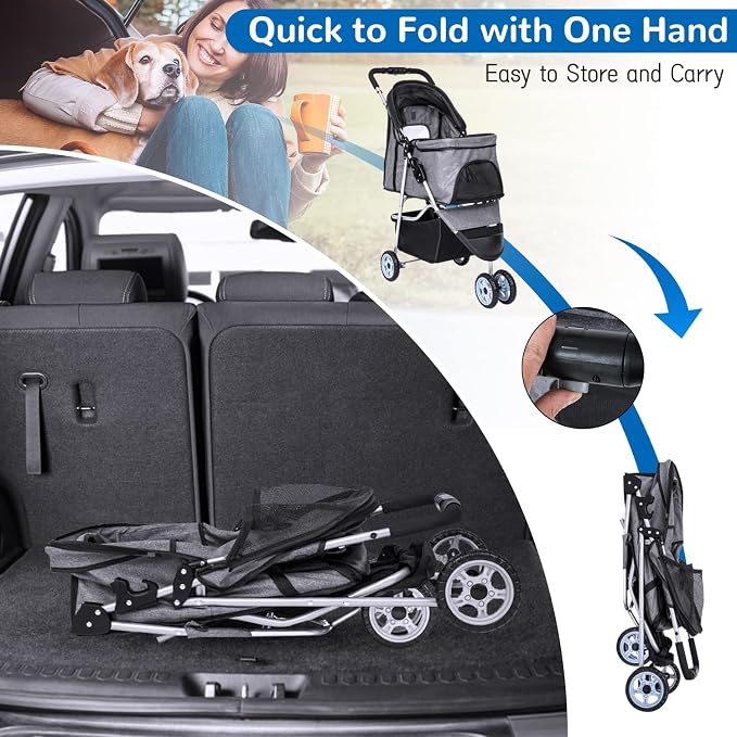 BLKMTY 3 Wheels Dog Stroller, Foldable Stroller for Cat, Dogs Waterproof Travel Carrier Strolling Cart for Puppy Small Dog Jogger Strollers W/Cup Holder & Storage Basket, Grey