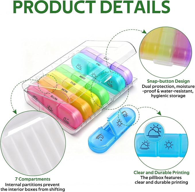 Weekly Pill Organizer 3 Times a Day, 7-Day Pill Boxes, Monthly Medication Organizer 21 Days Portable Compartments & Moisture-Proof Outer Case for Vitamins, Fish Oils, Supplements (White)