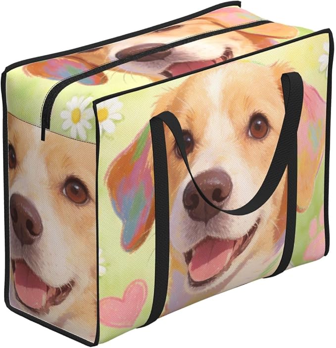 Large Capacity Storage Organizer Bags Pet Colorful Doodle Paw Hearts Dog, Foldable Moving Bags with Zippered Tote Design for Under Bed Storage and Home Organization