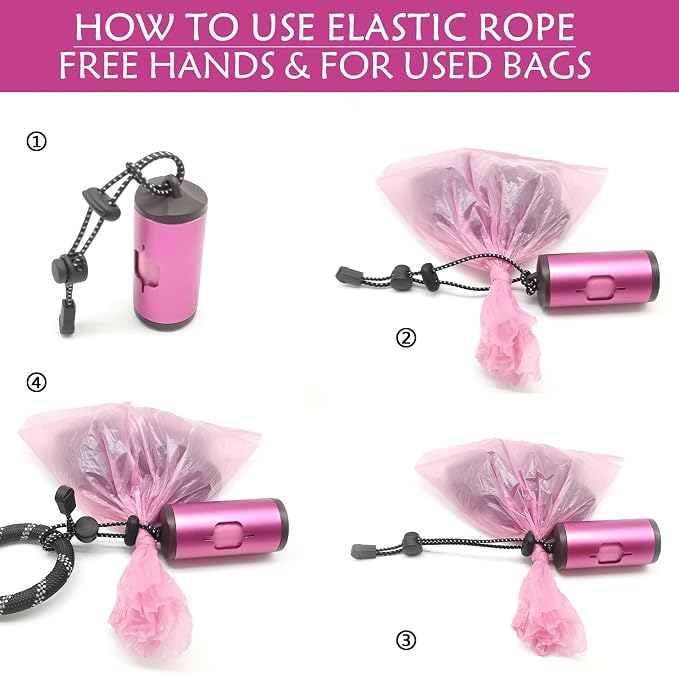 YUCHIYA Aluminum Dog Poop Bags Holder with Carabiner Metal Pet Waste Bags Dispenser with Hook and Loop Fastener and Elastic Cord to Carry Used Bags (Pink, 1 Holder 15 Bags)