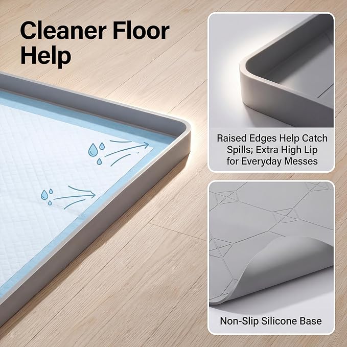 ondware Dog Pee Pad Holder, Silicone Potty Tray for Dogs, 28 x 22 in, Gray | Thick silicone, raised leakproof edge, fits most standard pee pads, easy-clean waterproof mat, roll-up portable design