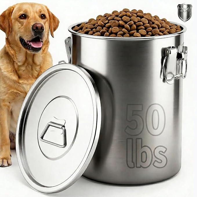 304 Stainless Steel Dog Food Storage Container, 50LB/55LB Airtight Pet Food Container with Locking Lid & Silicone Seal, Large Metal Food Storage Bin for Dry Dog/Cat Food, Rice, Flour (50 LBS)