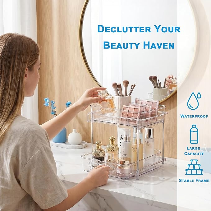 2-Tier bathroom cabinet organizer, bathroom organizers and storage with Adjustable Removable Dividers,Under Sink Organizing,Under Sink and Pull-Out Cabinet Organizer for Kitchen and Pantry Storage