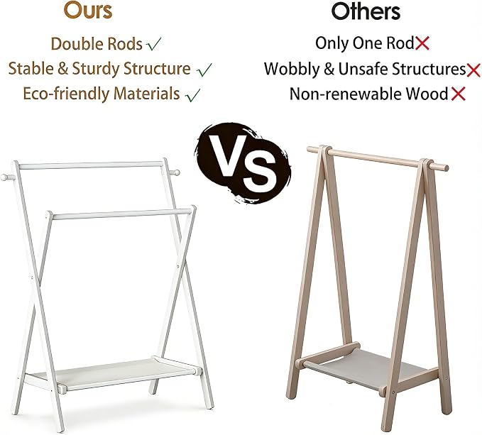 BAMBOOHOMIE Kids Clothing Rack, Small Clothes Rack for Toddler Pets, Kids Dress Up Rack with Storage Shelf & Double Rods, Foldable Kids Clothes Rack for Nursery Child's Room (Regular Size - White)