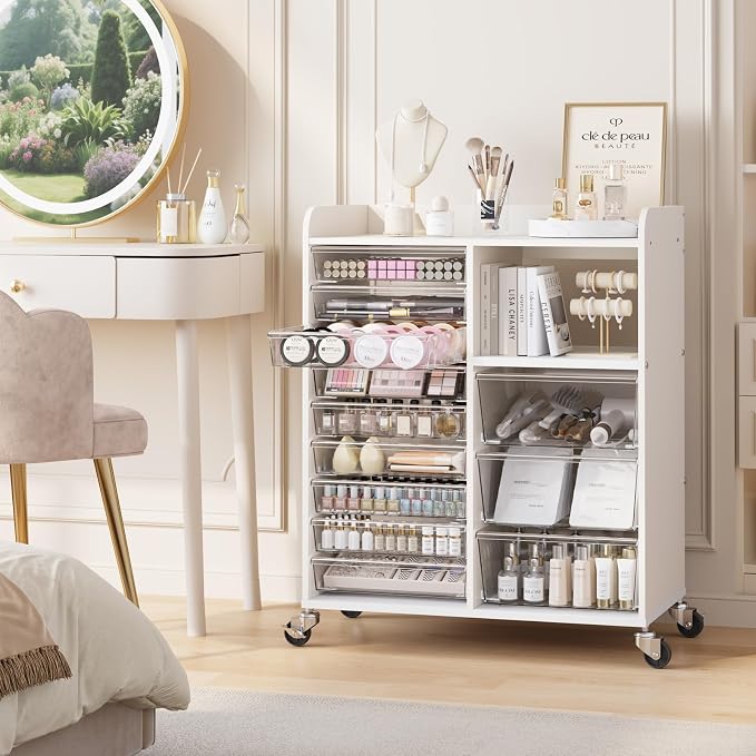 12-Drawer Storage Cabinet with Wooden Top and Open Shelf, White | Storage Furniture System with PET Clear Drawers, Lockable Wheels, for Craft Room, Makeup Vanity, Kids & Home Organization
