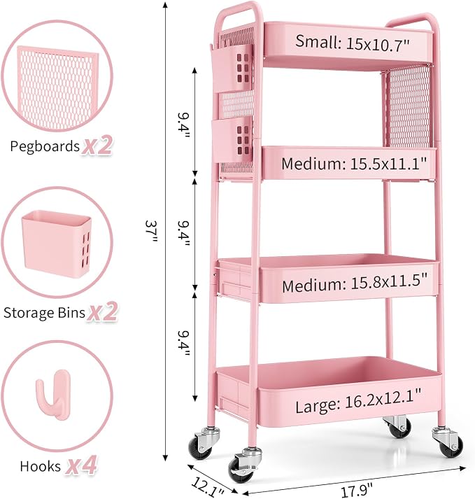TOOLF 4 Tier Rolling Cart, Metal Utility Storage Cart with Pegboard, Pink | 2 Bins & 4 Hooks, Screwless Assembly, Lockable Wheels, Trolley Organizer for Bathroom, Kitchen, Office, Dorm, Craft Room