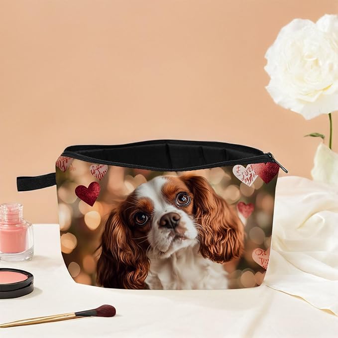 Cavalier King Charles Spaniel Makeup Bag Adorable Dog Print with Hearts Cute Cosmetic Pouch for Dog Lovers Travel Toiletry Organizer Gift for Pet Enthusiasts