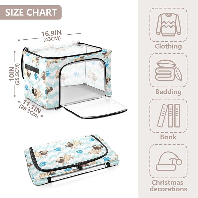 Cute Pets Pugs White pattern Under Bed Storage Containers with Double Zipper Openings, Foldable Clothes Storage Bins with Clear Window and Handles for Comforters Blankets Bedding
