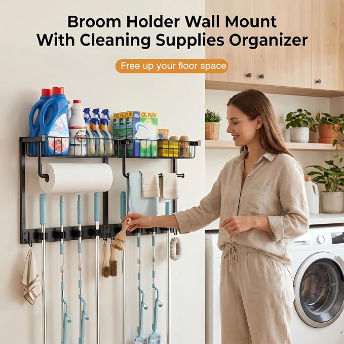 Broom Holder Wall Mount with Paper Towel Holder& Removable Anti-fall Basket | Broom and Mop Organizer Wall Mount Cleaning Supplies Organizer for Laundry Room, Apartment, Utility Room