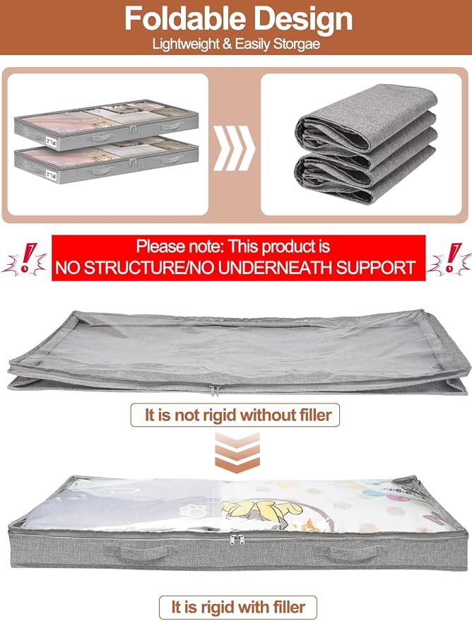 punemi 3 inch High Soft Low Profile Under Bed Storage Bins, 2 Pack, Grey | Foldable Clothes Storage with Zippers & Clear Lids, Small & Shallow Design for Under Sofa,Couch, Dorm & College Bed Storage