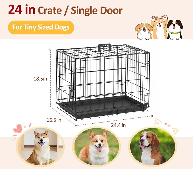 Portable Single Door Dog Crate, Durable Metal Wire Cage with Removable Tray | 24 Inch Folding Metal Wire Pet Kennel with Plastic Leak-Proof Pan, Handle for Indoor, Outdoor, Travel