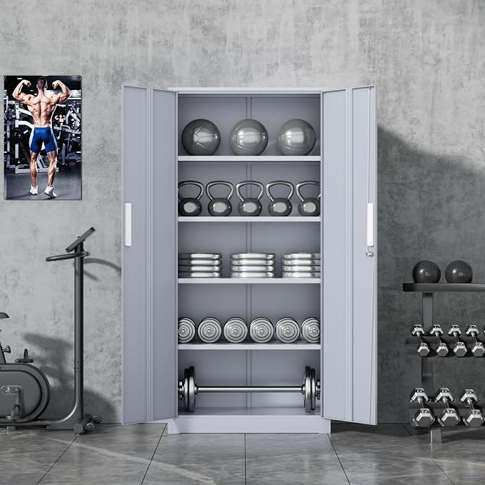 Crownland 72" Metal Storage Cabinet, Lockable Garage Storage Cabinets, High Office Cabinet with Adjustable Shelves for Garage, Home Office, Classroom, Pantry, File(Cement Grey-Narrow Size)