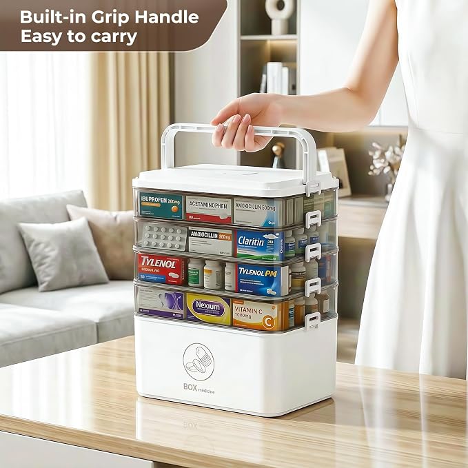 5-Tier Medicine Cabinet Organizer with Handle, Extra Large Medicine Storage Box Portable First Aid Kit, Empty Plastic Pill Organizer for Family Emergencies Home