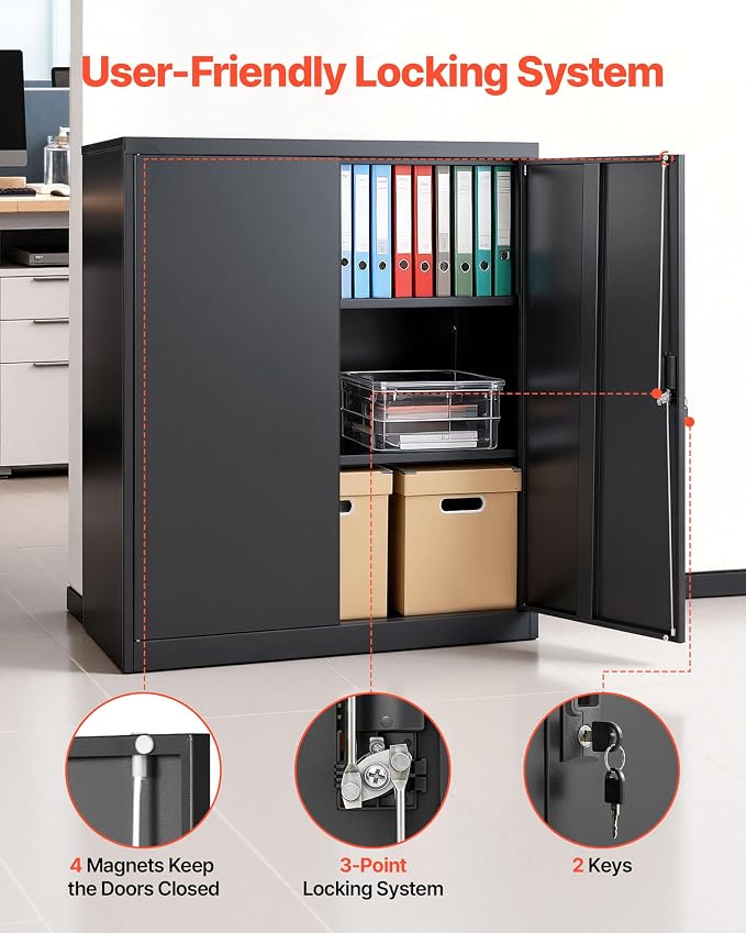 VEVOR Metal Storage Cabinet, 41.7 in Steel Garage Cabinet with 2 Adjustable Shelves, 2 Magnetic Doors & 2 Keys, 3 Tiers Lockable Tool Storage for Pantry, Warehouse, Basement, Office, Black