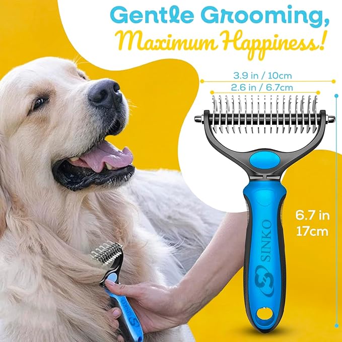 Sinko Shedding Brush For Dog and Cat, Grooming Brush with Extra Wide Double-Sided Stainless Teeth for Detangling, Deshedding, Brushing & Removing Shed Fur, Knots, Mats, and Tangles in Pets (Blue)