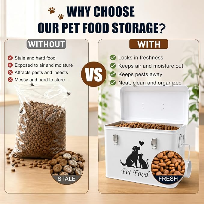 Vivifying Airtight Metal Dog Food Storage Container with Scoop, Up to 13 lb | Sealing Ring and Double Locks Keep Dog Treats, Cat Treats, Cookies and Dry Pet Food Fresh, Secure and Organized, White