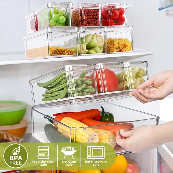 10 Pack Refrigerator Pantry Organizer Bins with Lids, Fridge Organizer Bins | BPA-Free Stackable Clear Plastic Food Storage Bins for Kitchen,Countertops,Cabinets,Fridge,Drinks,Fruits,Vegetables
