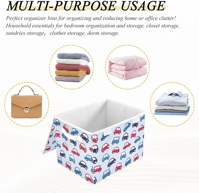 Storage Bins with Lid Toy Car Foldable Storage Boxes 40L Baskets | Decorative Storage Boxes, 300D Oxford Cloth, Hollow Board Frame, Flip Top Velcro Lid, 16.5x12.6x11.8 inch, Collapsible Design