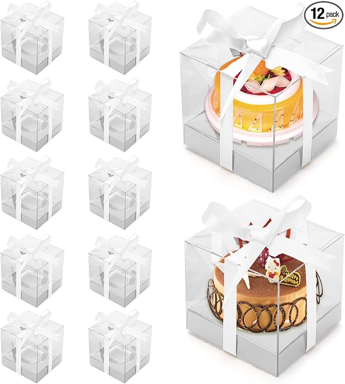 12 PCS Clear Cupcake Boxes 3.5 Inch Cupcake Containers (Silver) | Disposable Cupcake Carrier Plastic Individual Cupcake Storage Holder with Ribbons and Inserts for Wedding, Birthday Party