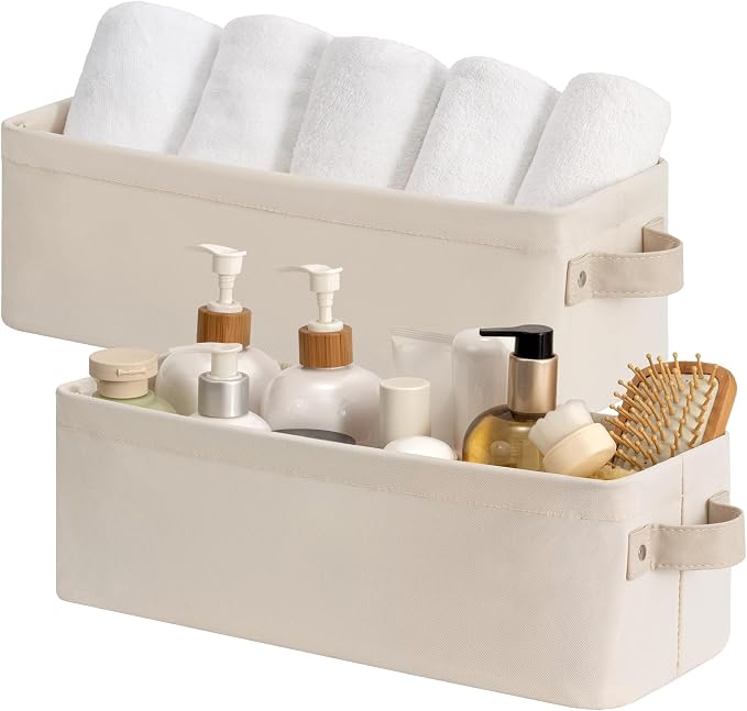 StorageWorks Narrow Storage Bins, Toilet Paper Storage, Beige, 2-Pack | Cottlyn Fabric, With Metal Frame, Sturdy Structure, Reinforced PU Handles, Small Baskets for Bathroom, Closet, Shelf