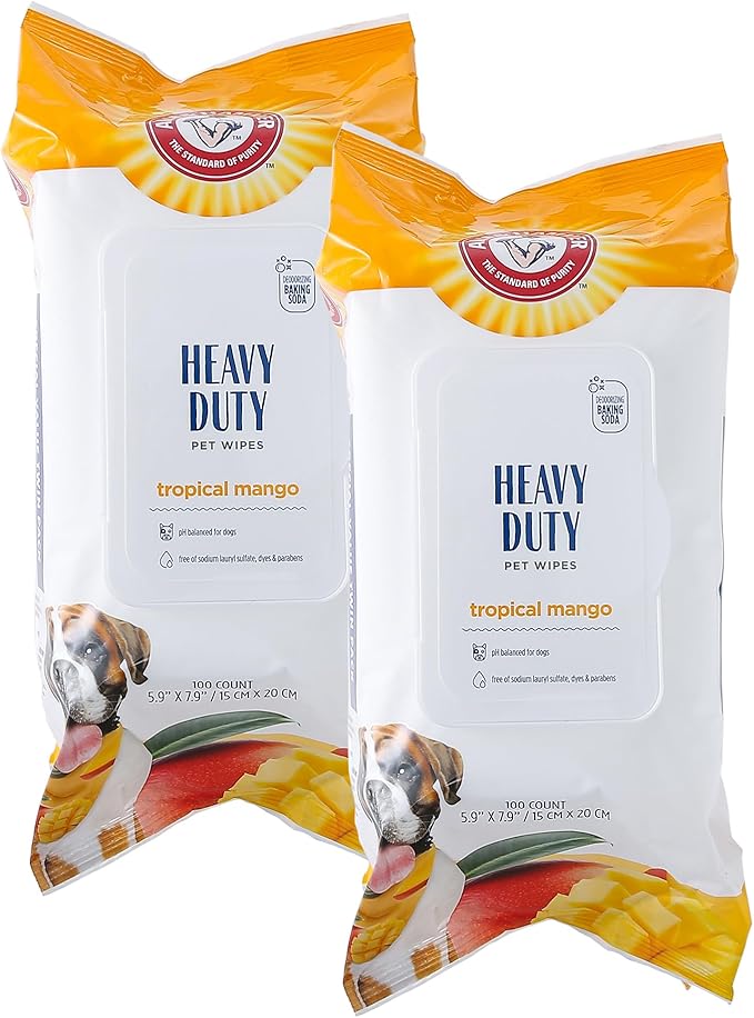 Arm and Hammer for Pets Heavy Duty Multipurpose Dog Bath Wipes, Mango Scent - All Purpose Wipes Remove Odor and Refresh Your Dog’s Skin Between Baths, 100 Count - 2 Pack
