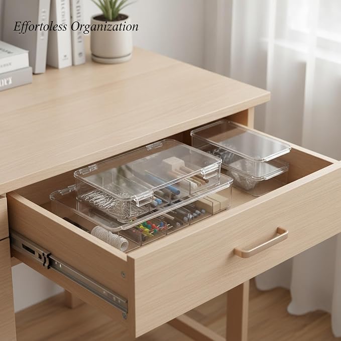 Stackable Storage Box with Compartments, Clear PET Plastic Organizer for Desk and Drawer, Dustproof Flip-Top Lid (1 PC)