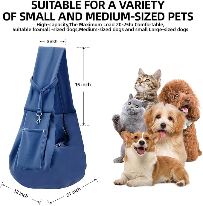 Dog and Cats Carrier Sling, Puppy Small Pet Carrier with Storage Pocket | Reversible Dog Sling Carrier, Safety Buckle, Storage Pocket, Machine Washable for Travel, Outdoor Activities, Hand-Free, Blue