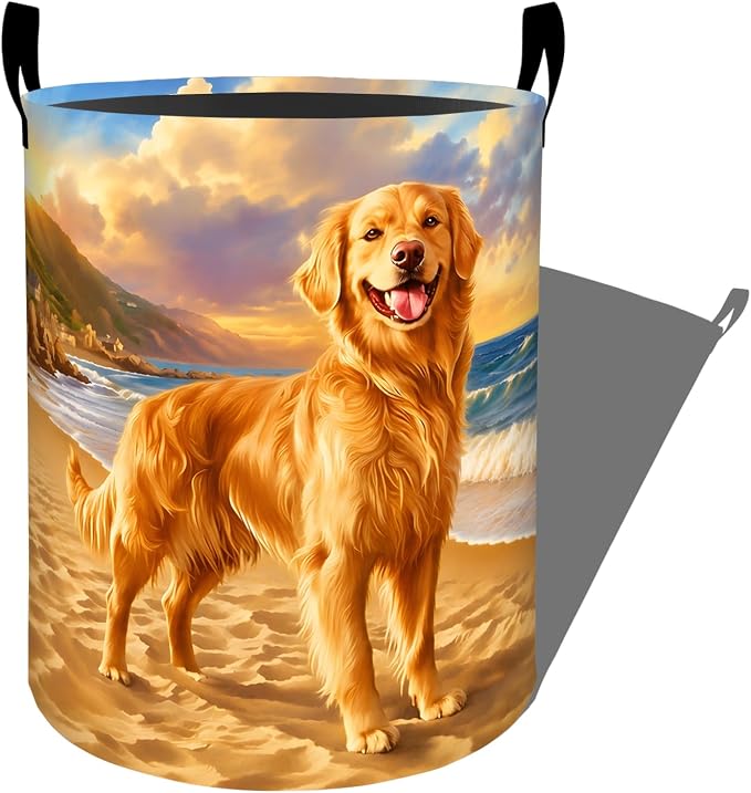 Golden Retriever Laundry Basket, Pet Dog Beach Ocean Storage Hamper, Round Collapsible Waterproof Cloth Bin, 19.7x15.7 Inch Realistic Puppy Clothes Organizer Gifts for Bathroom Decor
