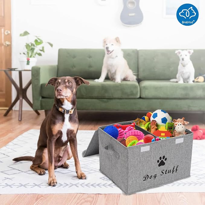 Large Dog Toys Storage Box Canvas Storage Basket Bin Organizer with Lid - Collapsible Linen Bin Ideal for Organizing Dog Cat Toys and pet stuff-PP Boad-17" x 12" x 10" - Snow Gray