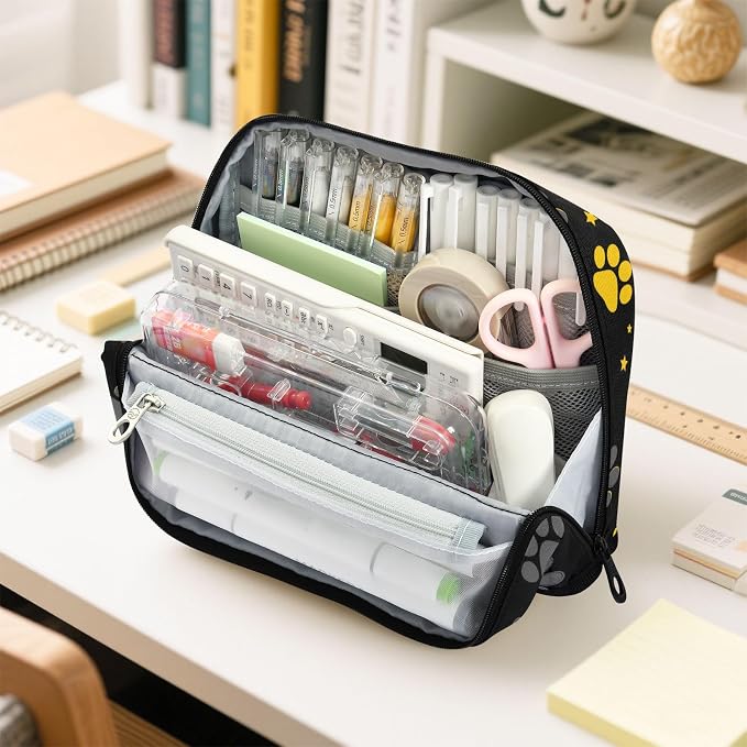 Aslsiy Large Capacity Pencil Case Yellow Grey Pet Paws Stars (1) Pencil Pouch for Boys Girls Portable Pen Bag Organizer Standing Makeup Bag for School Office Supplies