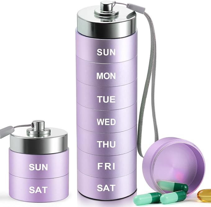 Metal Travel Pill Organizer, 7 Day Pill Box, Aluminum Alloy Pill Case | OUVBTX Large Pill Container, Portable, Waterproof, Stackable, Medicine Holder for Vitamin, Fish Oil, Supplement, Purple