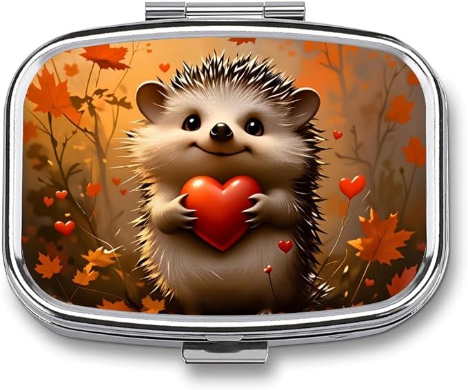 Hedgehog Heart Autumn Durable Metal Pill Case for Daily Use, 2 Slot Medicine Box Organizer,Leak Proof Travel Pill Container for Vitamins, Compact Pocket Medicine Holder for Seniors,Holiday Gift