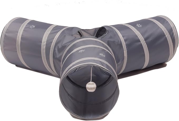 Cat Tunnel - Collapsible 3 Way Play Toy - Tube Fun for Rabbits, Kittens, and Dogs - Grey