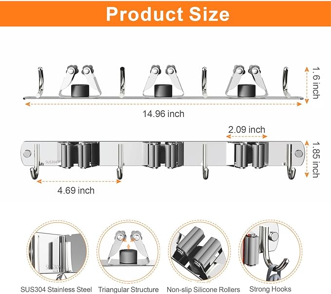 CUXIXA 2 Pack Mop and Broom Holder Wall Mount, Non-slip Broom Hanger, Heavy Duty Mop Broom Organizer for Kitchen Garden Garage Laundry Room Wall Decor Organization and Storage Silver 3R4H