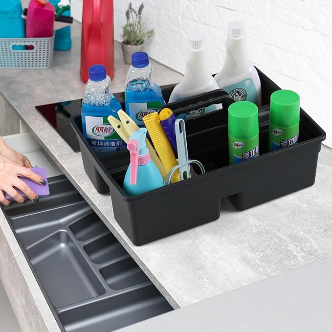 Set of 6 Plastic 3 Compartments Cleaning Supplies Caddy with Handle | Commercial Cleaning Caddy Organizer, Portable Plastic Tote Organizer for Shower, Bathroom, Kitchen