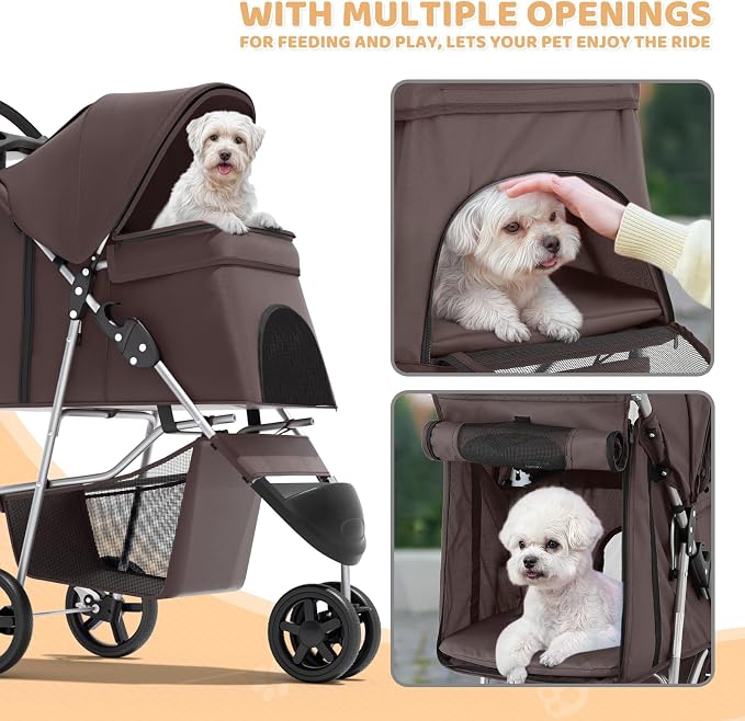 Magshion 3-Wheel Pet Stroller for Small/Medium Dogs & Cats, Up to 33lbs | Foldable Travel Jogger w/ Breathable Mesh Cover, Lightweight Design, Safety Tethers, Cup Holder & Storage Basket