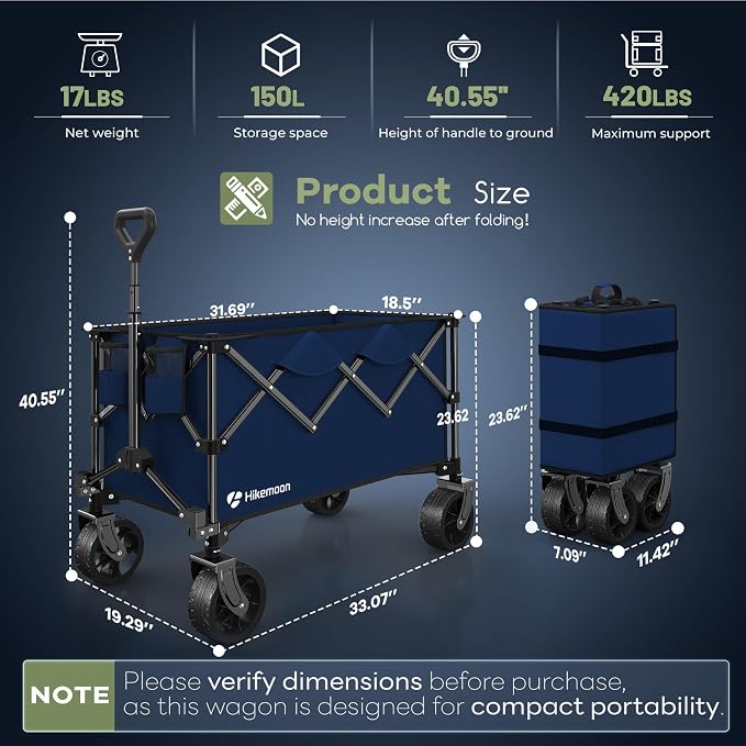 HIKEMOON 150L Collapsible Wagon Compact with Big Wheels, 420LBS Blue | Wagons Carts Foldable, Heavy Duty, Portable, All-Terrain, Utility Folding Cart for Shopping/Beach/Garden/Camping/Sports