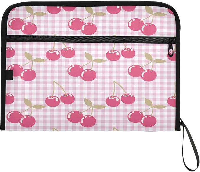 Cute Pink Cherry Berries Checkered File Organizer 13 Pocket Expanding File Folder with Front Pouch Portable Business Fire Storage Document Organizer Folder with Zipper
