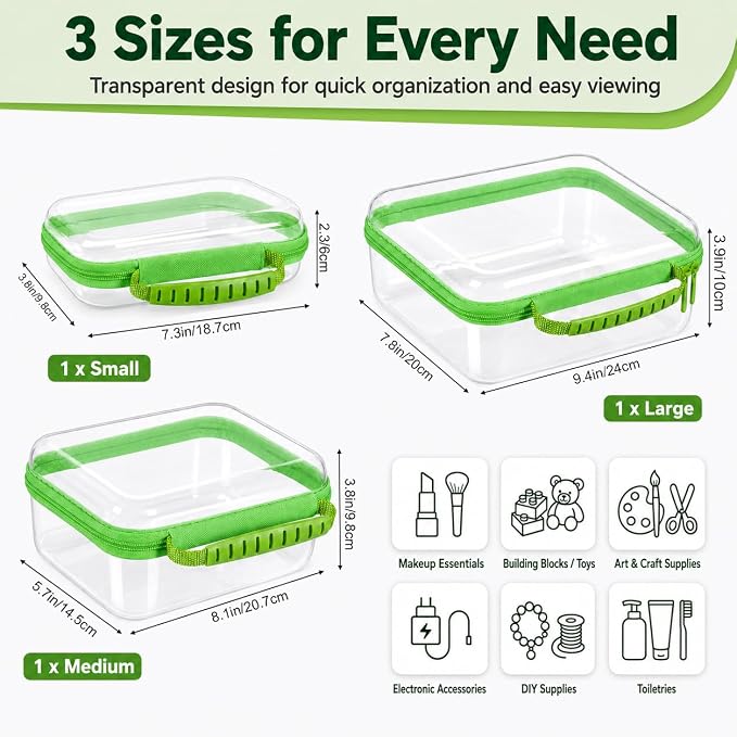 Clear Hard Shell Zipper Case 3PCS Set, 1.2mm PET Travel Organizer | Deep waterproof stackable storage pouches with handle. Heavy duty clear zipper bags for travel, makeup, toys and snacks