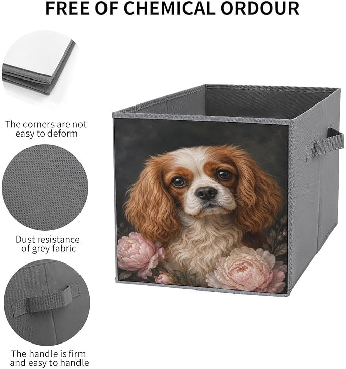 Cocker Spaniel With Peonies Storage Bin with Handles, Oxford Fabric Foldable Storage Cube Organizer for Clothes, Towels, Bedroom, Living Room, Home Organization