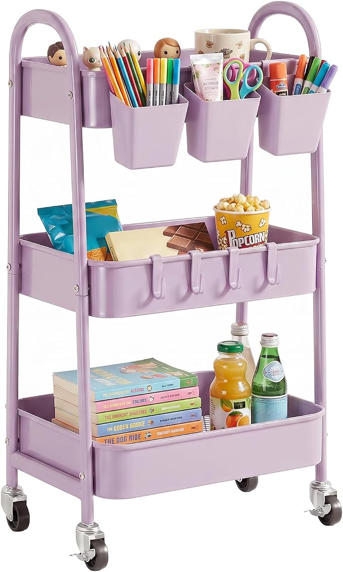 danpinera 3-Tier Rolling Cart, Utility Cart Mobile Metal Rolling Storage Cart with Lockable Wheels & Hanging Cups & Hooks for Kitchen, Bathroom, Office, Workshop, Purple