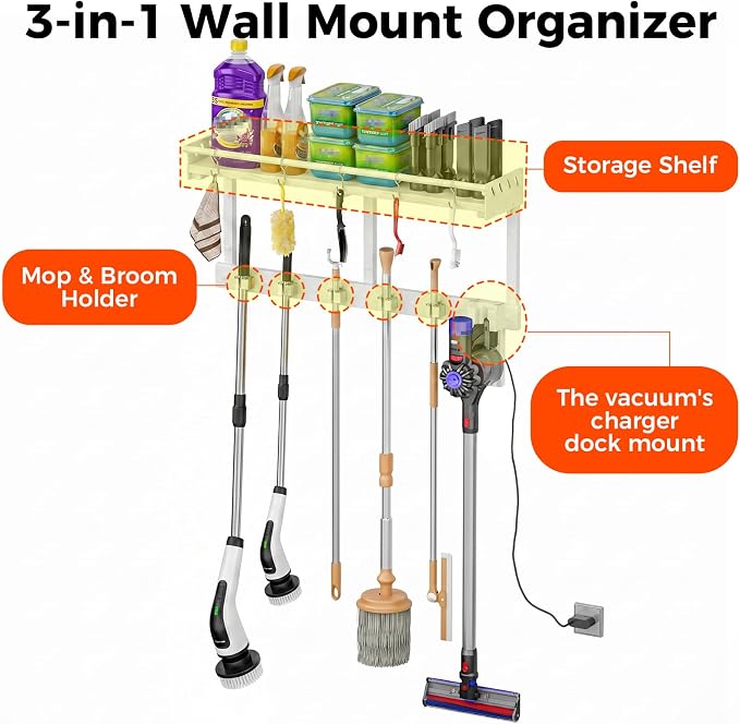 Broom Holder Wall Mount with Shelf,Broom Hanger,3 in 1 Broom and Mop Organizer Wall Hanging for Laundry,Garage,Utility,Broom Rack,Vacuum Stand Alternative,Cleaning Supplies Organizer Storage,White,L