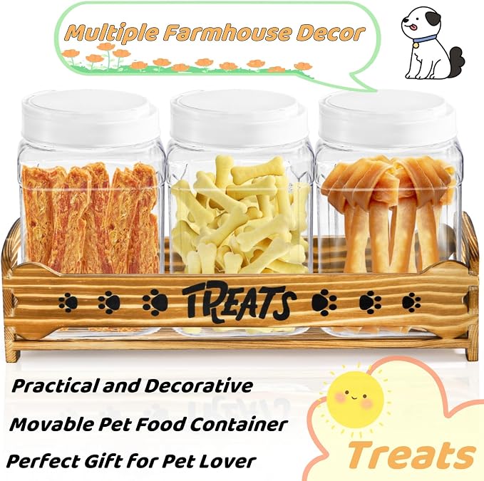 Tlence Dog Treat Container Set, 3 Airtight Plastic Jars with Wooden Paw Print Stand, Pet Treat Holder with Scoop for Kitchen Counter