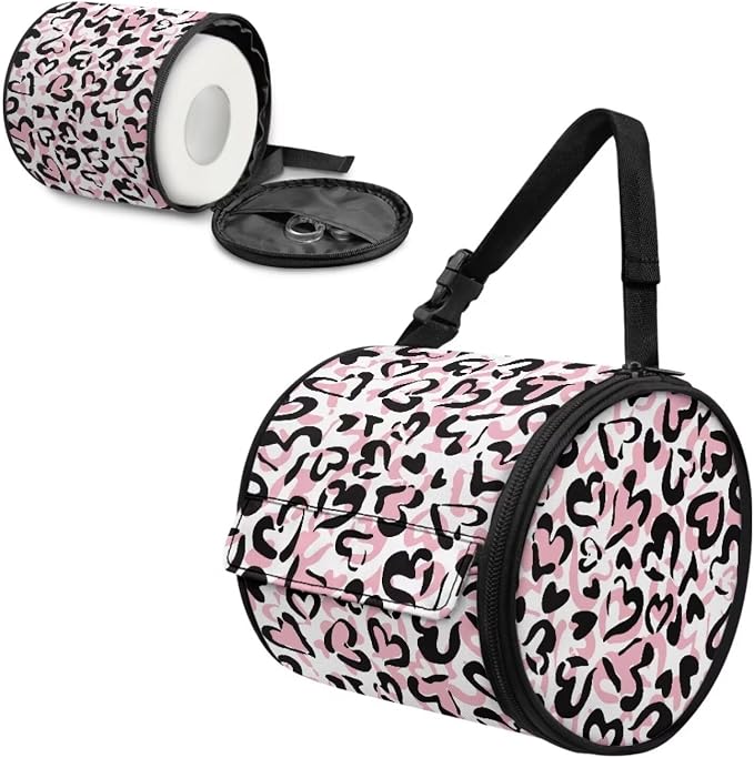 Hanging Paper Tower Holder Wall Mounted Cylinder Toilet Paper Roll Storage Holder with Adjustable Strap Easy to Install 6.3 * 6.3 * 6.3 Inch,Heart Cheetah