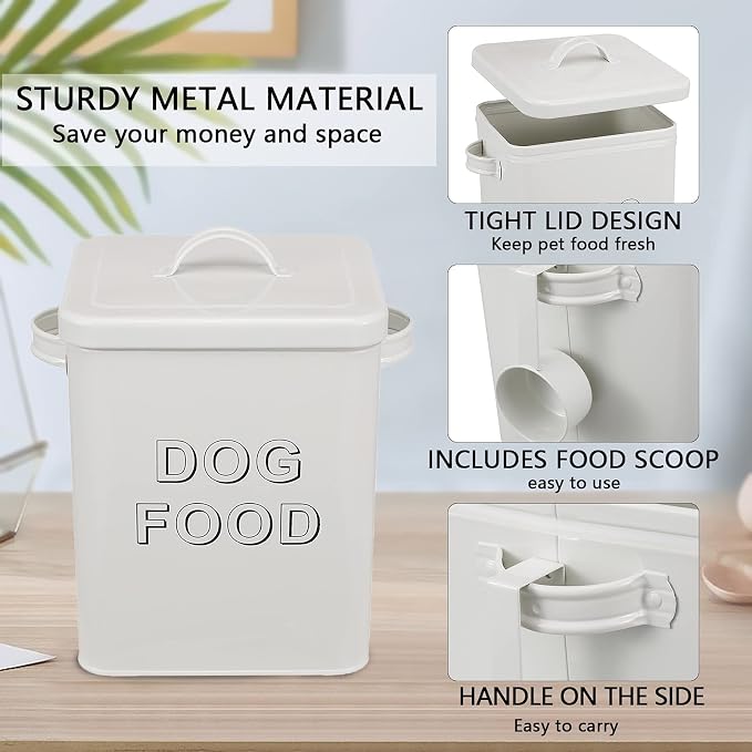 Morezi Metal Dog Food Storage Container Airtight Pet Food Treat Bin 6 lbs | Vintage Durable Canister Dog Treats Tin with Lid& Scoop for Kitchen Countertop, Shelf, Great Gift for Pet Owners(White)