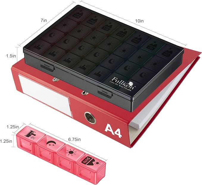 Fullicon Large Pill Organizer 4 Times a Day, 7 Day Pill Box, Black Rainbow | Each Compartment Holds 12 Fish Oils or 13 Vitamins, Clear Daily Icons, Durable Printing, Easy Open, Secure Snap Lids