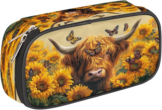 Pencil Cases Large Capacity Pen Pouch, Sunflower Cow Butterfly Pencil Box Organizer School Supplies for College Student Teen Adults
